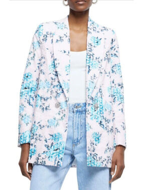 River Island Women's Pink Floral Broderie Detail Notch Blazer Size 6 NEW